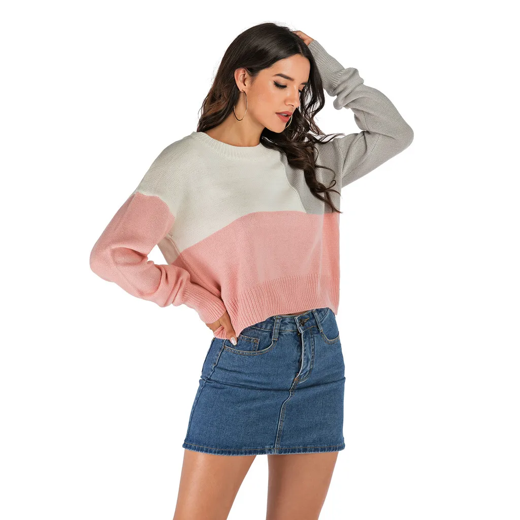 Winter Round Neck Patchwork Long Sleeve Jumper Sweaters Women Girls High Fashion Color Block Knit Sweter damski | Женская одежда