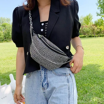 

HATCYGGO New Waist Bag Fanny Pack For Women Diamonds Shoulder Bags Fashion Leather Chest Belt Bag With Chain Travel Phone Bag