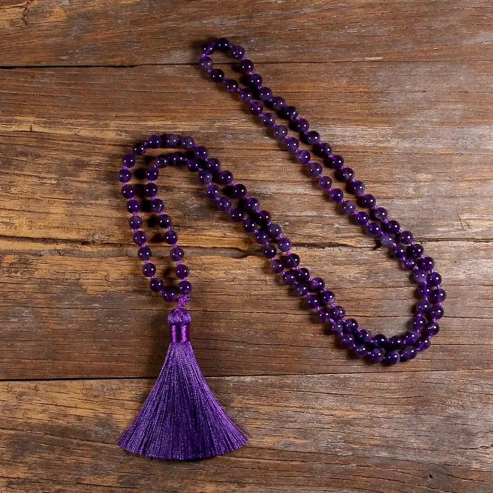 

Natural Stone 108 Mala Necklaces For Women Female Knotted Payer Long JapaMala Purple Tassel Necklace Yoga Jewelry 8MM