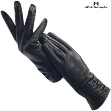 

Winter ladies wrist fashion sheepskin gloves new black warm leather genuine goatskin gloves motorcycle driving leather gloves wo
