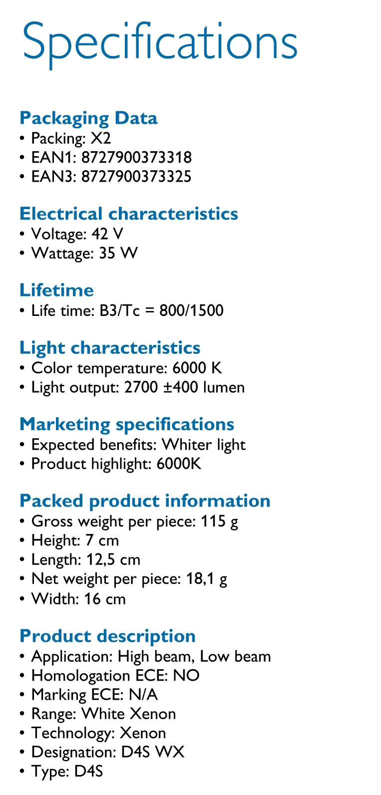 Philips D4S 42404W X 35W Ultinon HID 6000K холодный синий ксеноновый белый светильник автообновление головной светильник лампы Вспышка быстрый запуск, пара