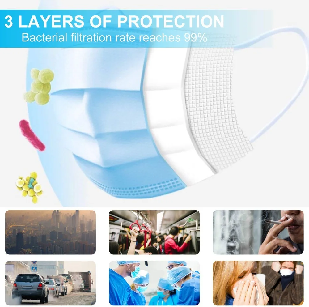 Face masks Surgical 3 Layers 95% Anti Bacteria Disposable Proof Flu Face Mouth Mask Non Woven Earloops Respirator 20/50pcs Face masks Surgical 3 Layers 95% Anti Bacteria Disposable Proof Flu Face Mouth Mask Non Woven Earloops Respirator 20/50pcs