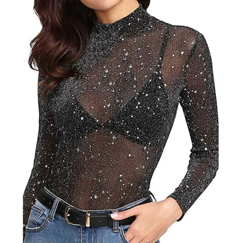 

Women Sexy Sparkle Mesh Sheer Top See-through Clothes Turtleneck Long Sleeve Top Glitter Blouse Shirt Summer Female Costume