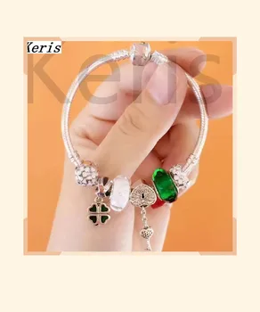 

High Quality Reproduction 1:1 100% Silver Heart Key Clover Beaded Bracelet Free Delivery