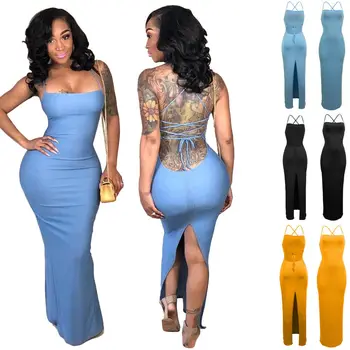 

Women Summer Sling Dress Solid Color Sleeveless Slim Dresses Backless High Waist Bodycon Bandage Long Casual Beach Dress