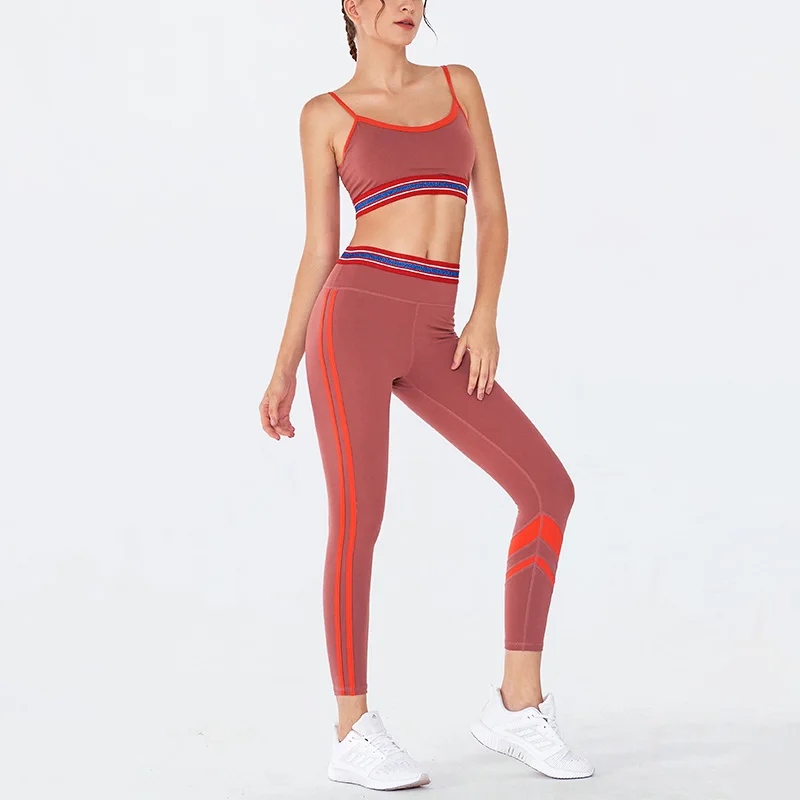 Female Sport Suit Women Fitness Clothing Sport Wear Yoga Set Striped Print Stitching Gym Sportswear Running Leggings Women Set