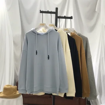 

Yeeloca Winter Sports Large Size Hooded Sweatershirt Female Streetwear Cotton Pullovers Korean Solid Casual Loose Coat