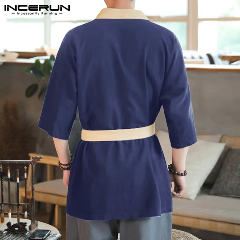 INCERUN кунг-фу 3/4 рубашки с рукавами v-образный вырез повседневная Hanfu индивидуальность Винтаж каратэ кимоно Униформа кардиган мужской 5XL плюс Размер