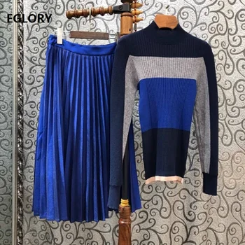 

Two Piece Sweater Suits 2019 Autumn Winter Set Woman Color Block Knitted Pullovers+Mid-Calf Length Blue Pleated Skirt Set Casual