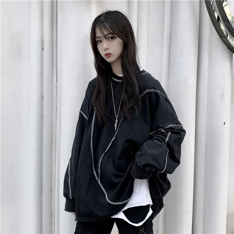 

Focal20 Streetwear Sewing Design Women Sweatshirt Long Sleeve Solid Color Autumn Lady Tracksuit Loose Crew Neck Pullovers