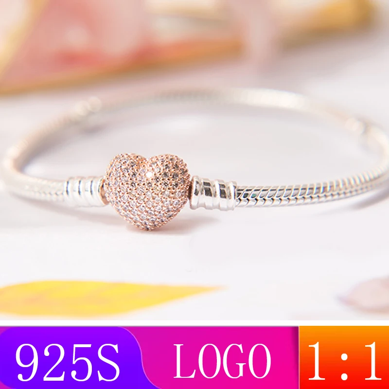 

LISM [Wholesale] 2019 Winter New Rose Pavé Heart Cufflink Bracelet 1: 1 Fashion Lady Gift 925 Silver DIY Original Jewelry