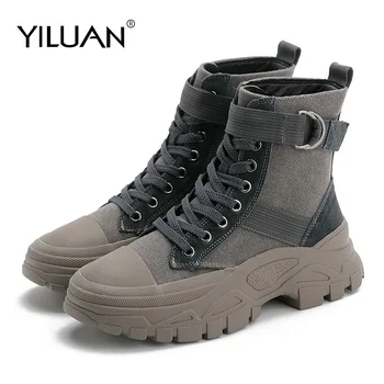 

Yiluan Breathable Wild 2020 Autumn New Thick Bottom Short Boots Woman Leather High Top Shoes Women Motorcycle Ankle Boots Buckle