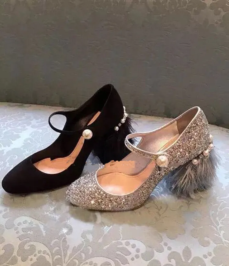 2021 Stylish Fringe Feather Strange Heel Lady Pumps Pearl Embellished Mary Jane Silver Sequins High Party Shoes Women | Обувь