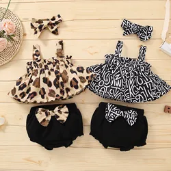 Tenues d'été pour bébés filles, ensemble de vêtements rayés léopard + short à nœud papillon + bandeau 