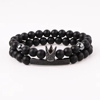 New Fashion Natural Stone Matte Onyx CZ Pave Crown Charm Beads Elastic Bracelet Set For Men