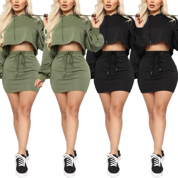 

Bikitique Sexy Hoodie Tie Solid Skirt Set Two Piece Set Knitted Stretch Short Top Buttock Skirt Women Casual Sport Party Skirt