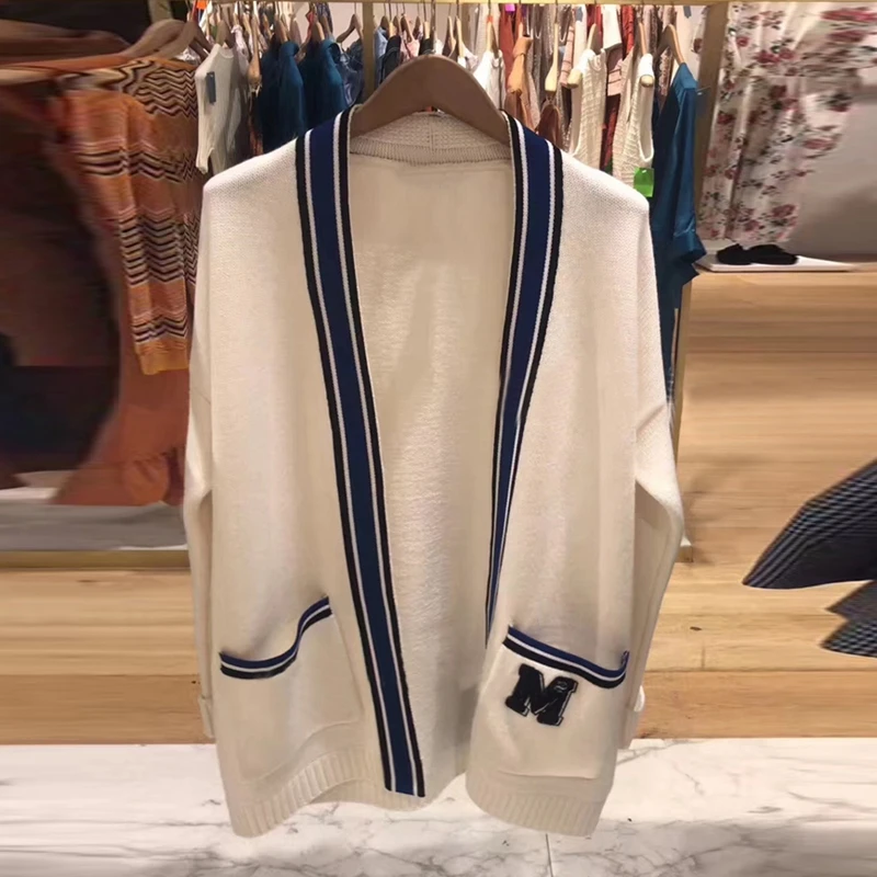 

2019 Year New Fashion Open Stitch Loose Casual Sweater Full Sleeves Striped Patchwork Pockets White Color Cardigans Top