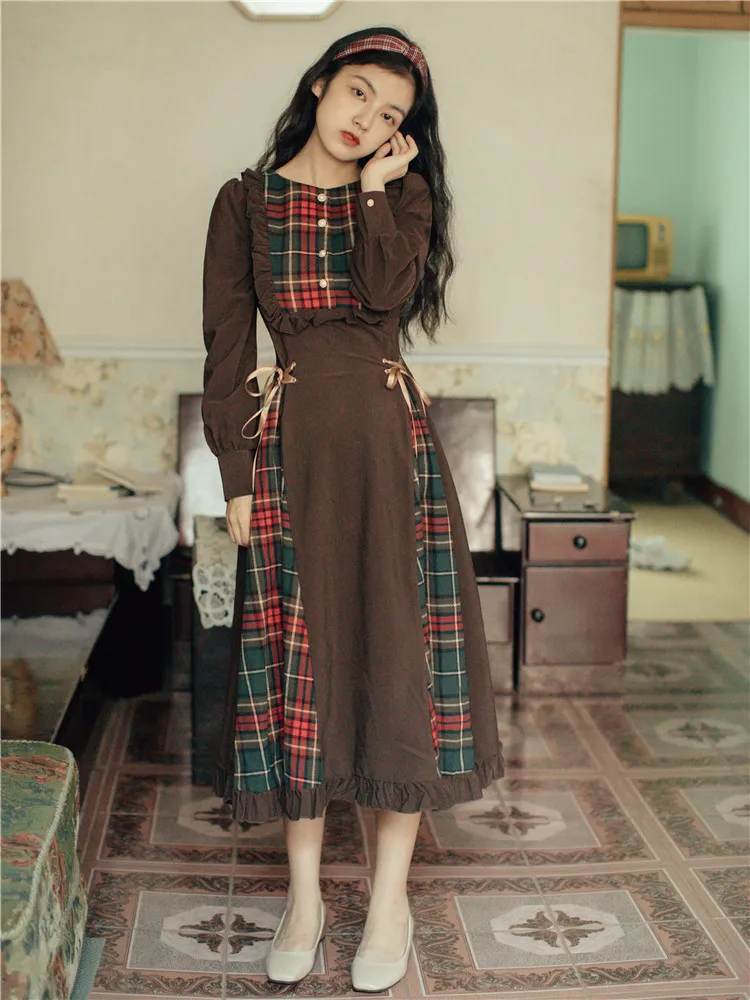 

2019 Autumn & Winter New Style Literature And Art Plaid Stitching Dress Waist Hugging Slim Fit Slimming Mock Two-Piece Retro Ski