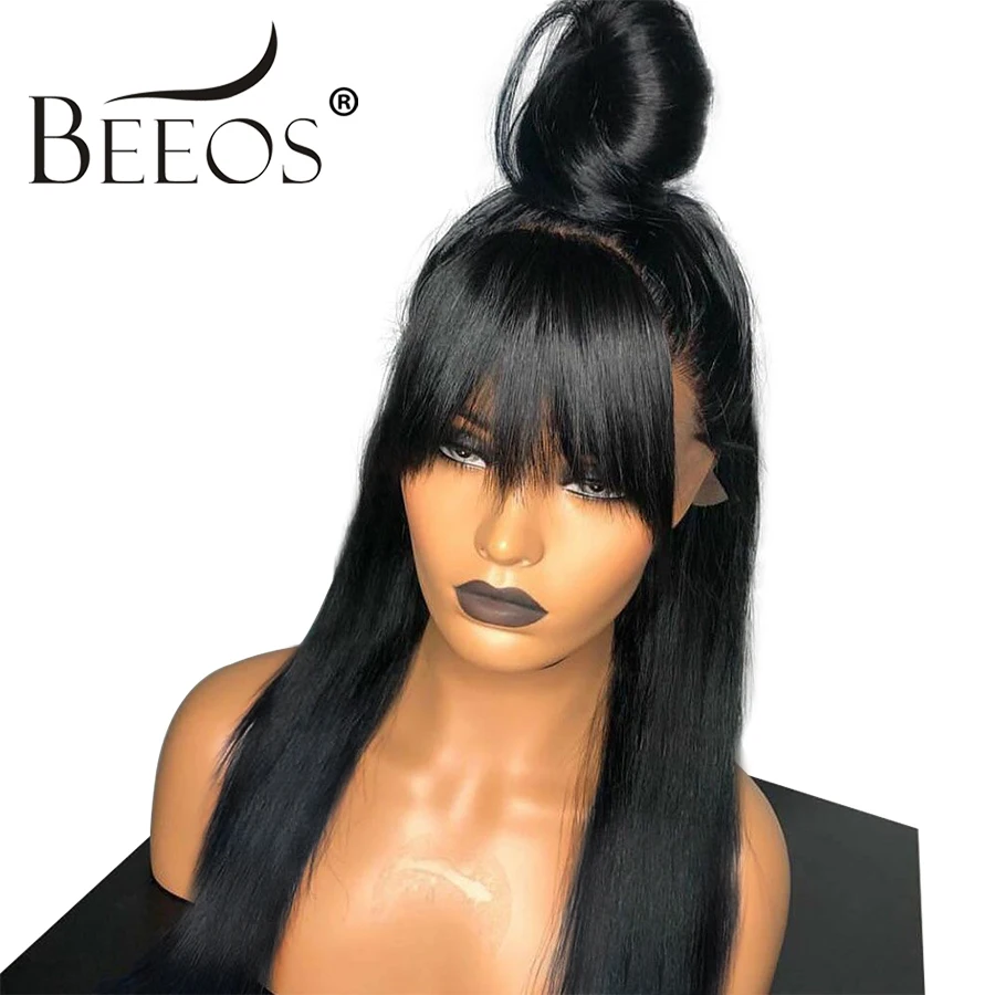 

Beeos Glueless Straight With Bang 13*6 Deep Part Lace Front Human Hair Wigs Bleached Knots Natural Color Peruvian Remy Hair