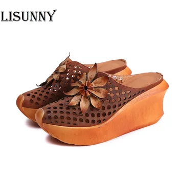 

LISUNNY Women Shoes Sandals Genuine Leather Floral High Heels Summer Outside Platform Slippers Wedges National Style Slides