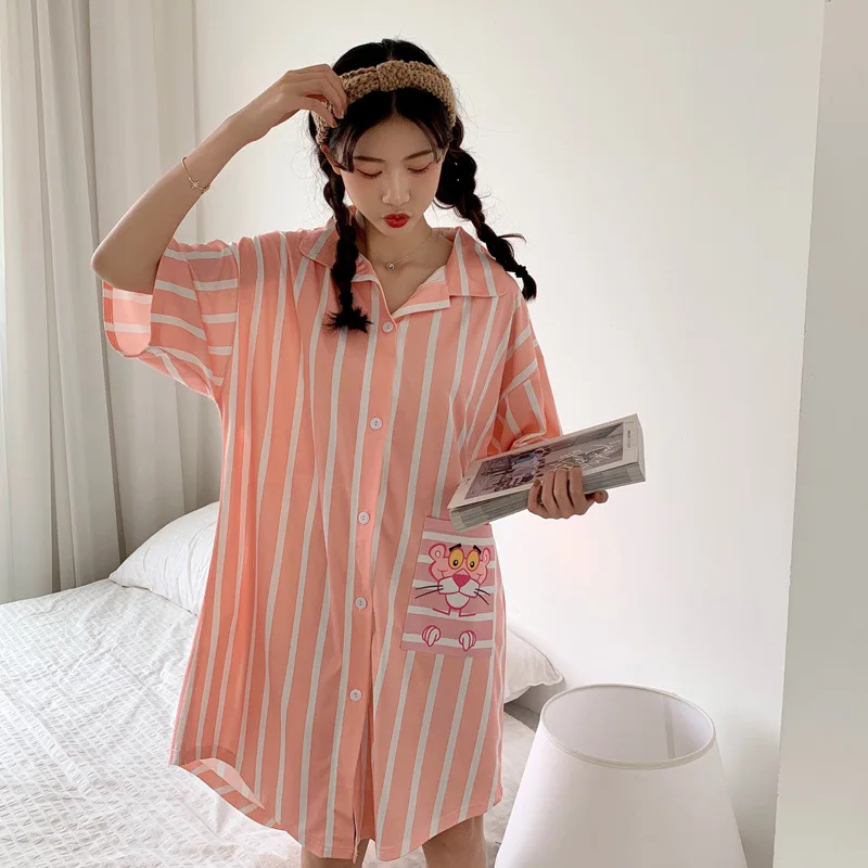 

Nightgown Female Summer Qmilch Korean-style Cardigan Mid-length Skirt Fresh Students GIRL'S Tracksuit Cute Pajamas