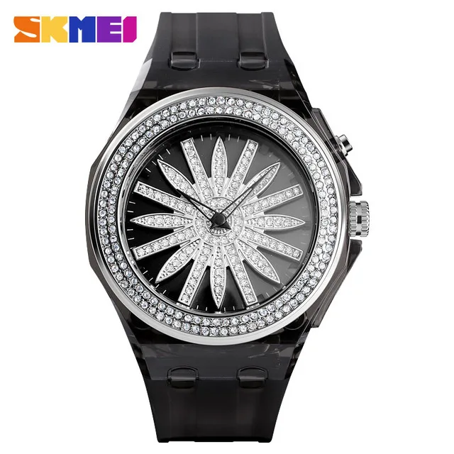 Silver Black Модные часы с бриллиантами, 5 бар, водонепроницаемые женские кварцевые наручные часы для девушек, Кристальный цветок, Relogio Feminino SKMEI для женщин - Цвет: Silver Black
