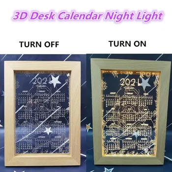 

3D Acrylic Photo Frame 2021 Calendar Light Step Dimming Bedside Desk Lamp Wooden Frame Home Decor USB Powered Christmas Gift