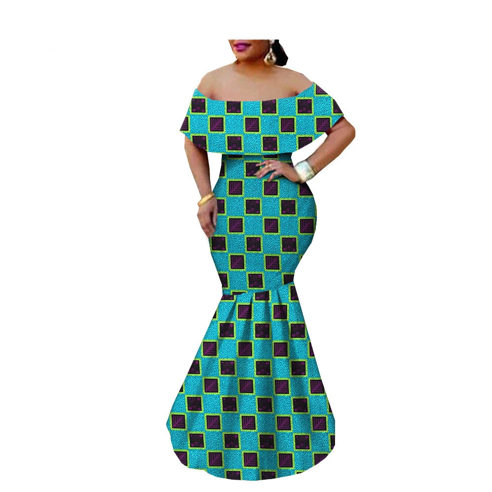 

African Sexy Strapless Floor Length Formal Dress For Women Wedding Party 2020 Latest Lady Print Shoulder Off Pleated Dress