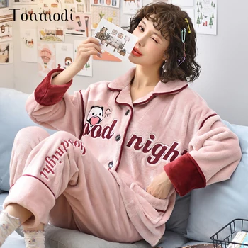 

Tonmodi 2 Pieces Winter Girl Pajamas Polyester Cardigan Thick Letters Pajamas Suit Long Sleeve Pajamas Suit Women's Home Service