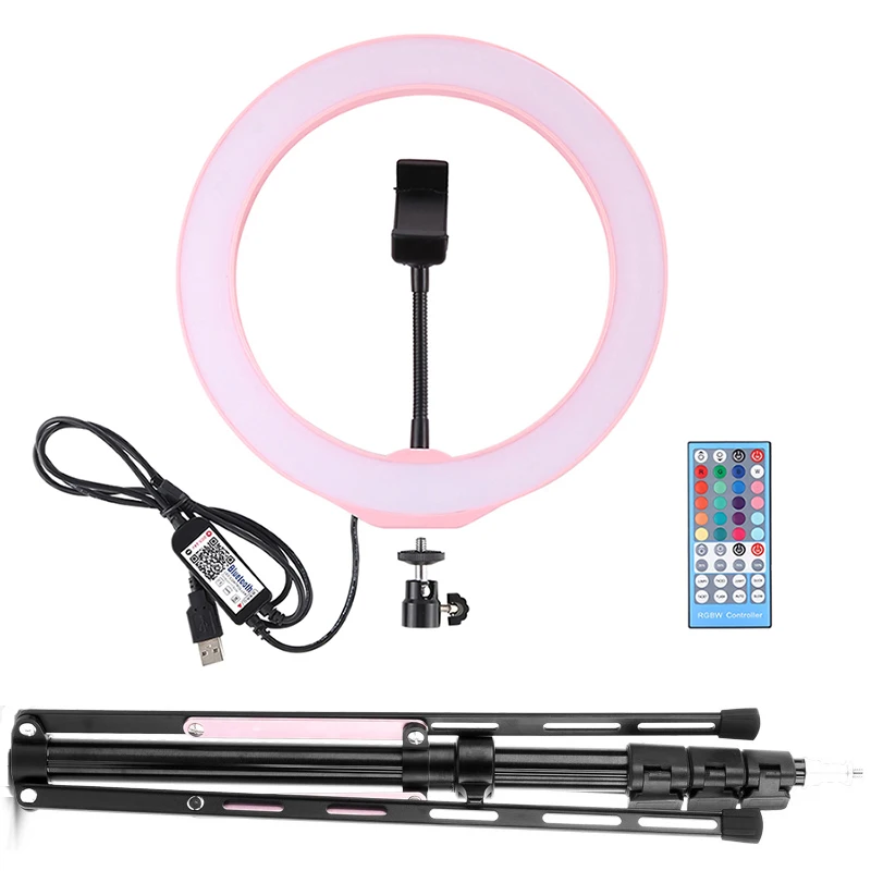 Pink Vlog RGB светодиодный кольцевой светильник-вспышка с алюминиевым сплавом складной штатив для мобильных телефонов видеоблоггеров - Цвет: Pink
