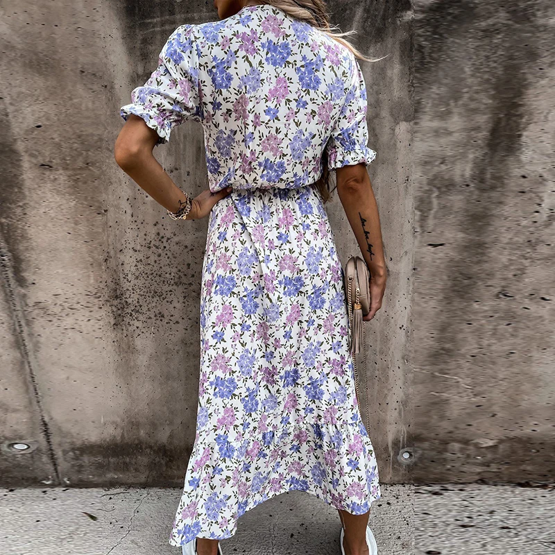 Boho Half Sleeve Floral V Neck Maxi Dress main image 1