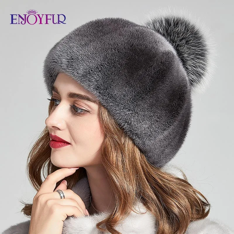 ENJOYFUR полностью из норки меховые зимние шапки для женщин роскошный натуральный мех шапка с помпоном Женская мода восьмиугольная шляпа новые теплые шапочки