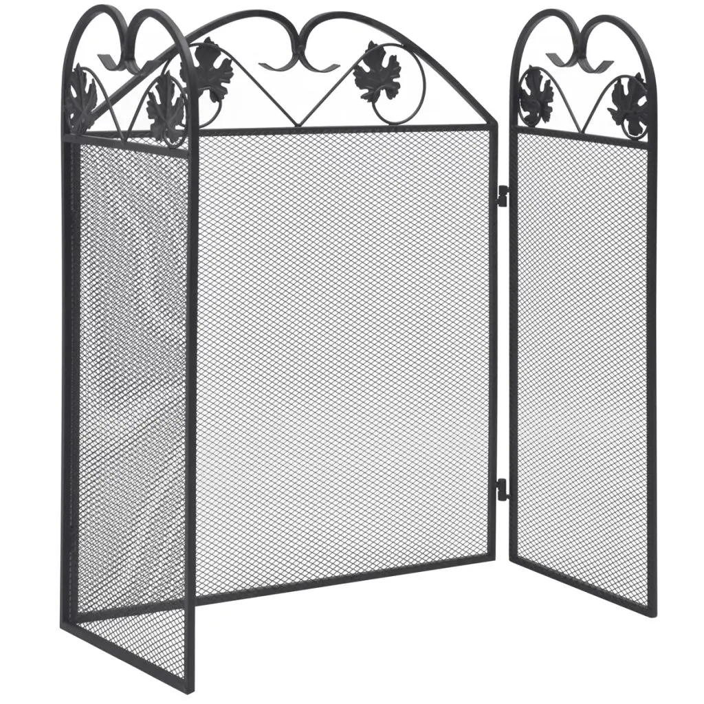 Fireplace-Screen Black 3-Panel Vertical-Mantel-Furnace Scrollwork Wrought-Iron Folding