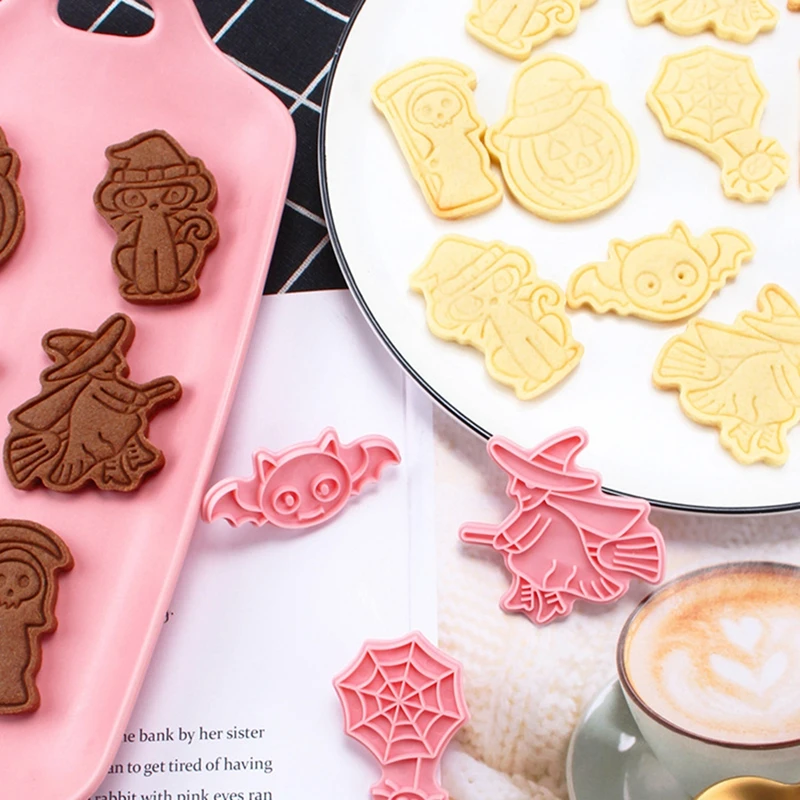 6pcs/set Halloween Cookie Cutters Mold 3D Cartoon Biscuit Stamp Mold Baking Accessories Bakery Mold for Halloween Baking