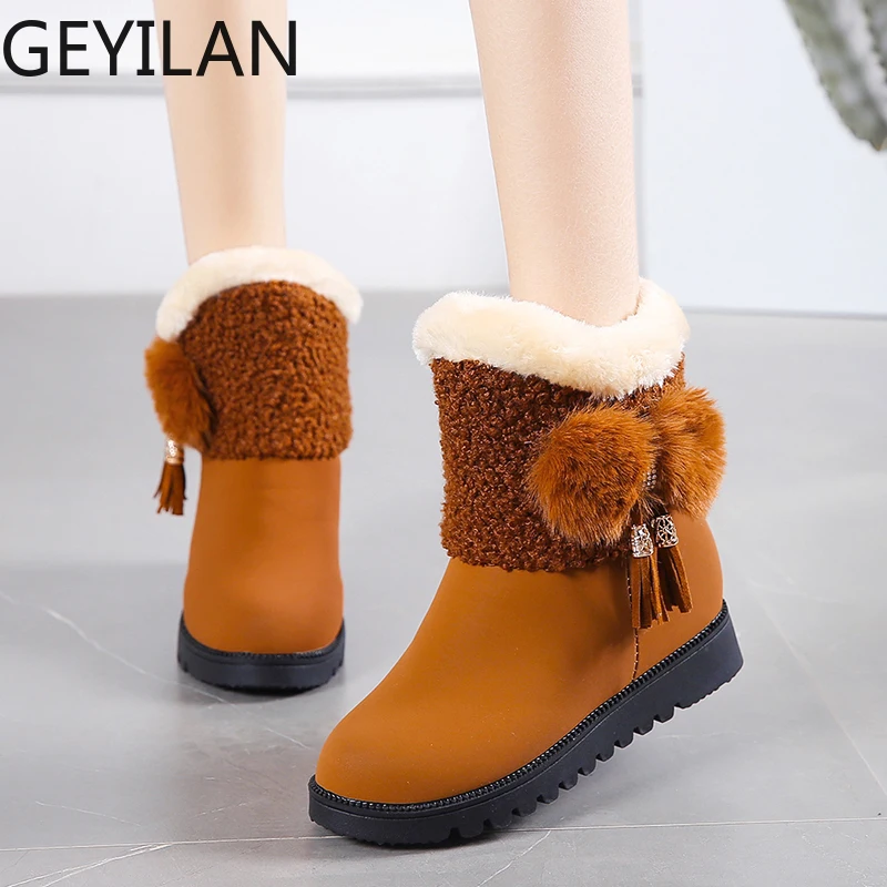 

Women Boots Short Booties Solid Tassels Winter Fleece Snow Boots Lace Up Lady Non-Slip Flat Warm Snow BootsTenis Feminino U11-19