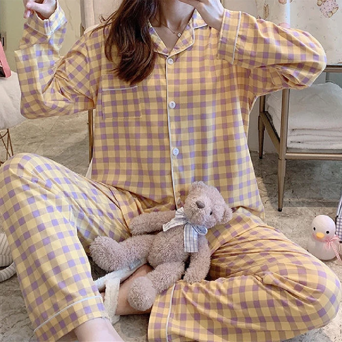 Ladies spring and autumn style net red printed plaid pajamas set lapel long-sleeved trousers 2-piece home service casual pajamas satin pajamas Pajama Sets