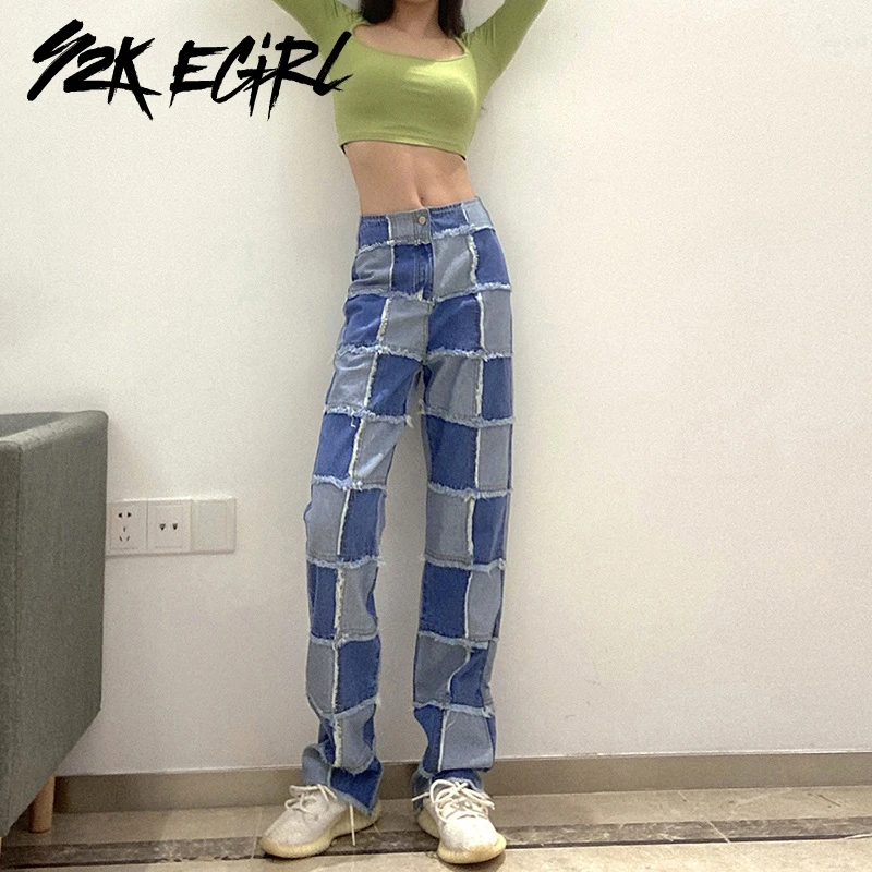 

Y2K EGIRL Vintage 90s Streetwear Stitch Plaid Loosed Jeans Hip Hop Style High Waist Straight Pants Autumn Outfits Demin Trousers