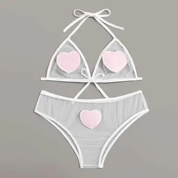 

Pajamas Women Summer Sexy Lingerie Bandage Mesh Heart Embroidery Applique Sleepwear Set Babydoll Pijama Mujer Dropshipping #