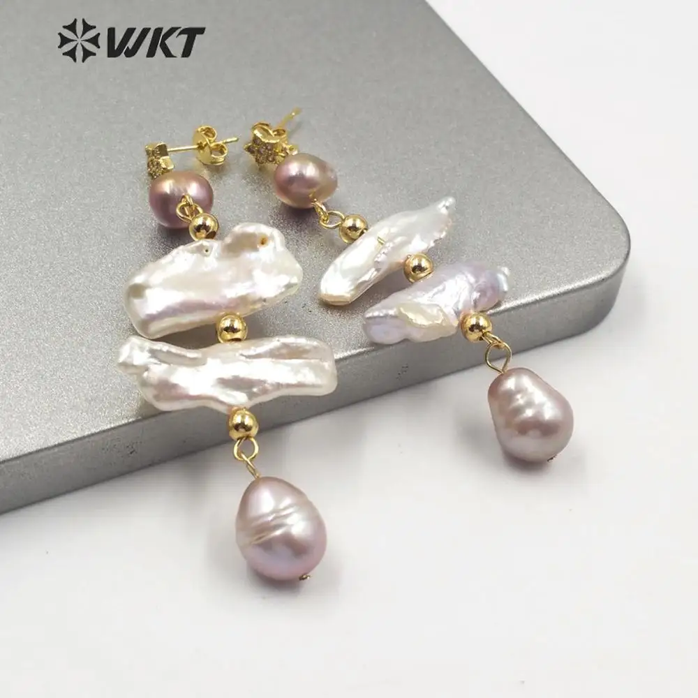 WT-MPE015 Exclusive Design New Freshwater Baroque Pearl Dangle Earrings Women Precious Gold Handmake Royal Style Decoration