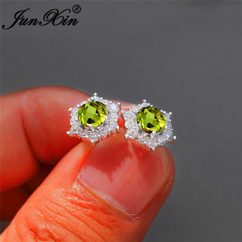 Olive Green Earring Женский циркон с радужным блеском, маленькие шестигранные серьги, 925 серебро, красочные, зеленый, фиолетовый, красный камень, снежинка, серьги-гвоздики для женщин - Окраска металла: Olive Green Earring