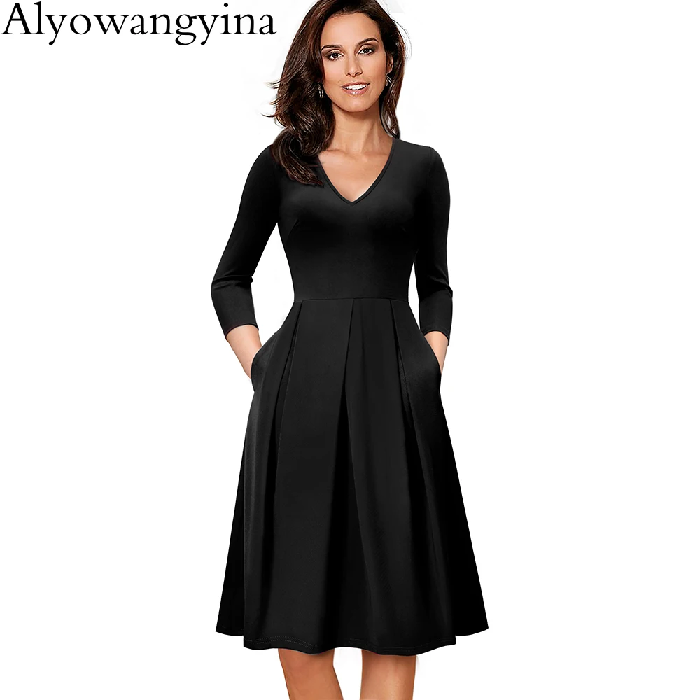 Alyowangyina, винтажная женская мода, v-образный вырез, с карманами, Vestidos, трапециевидные, деловые, вечерние, для женщин, расклешенное, свободное, женское платье, A126