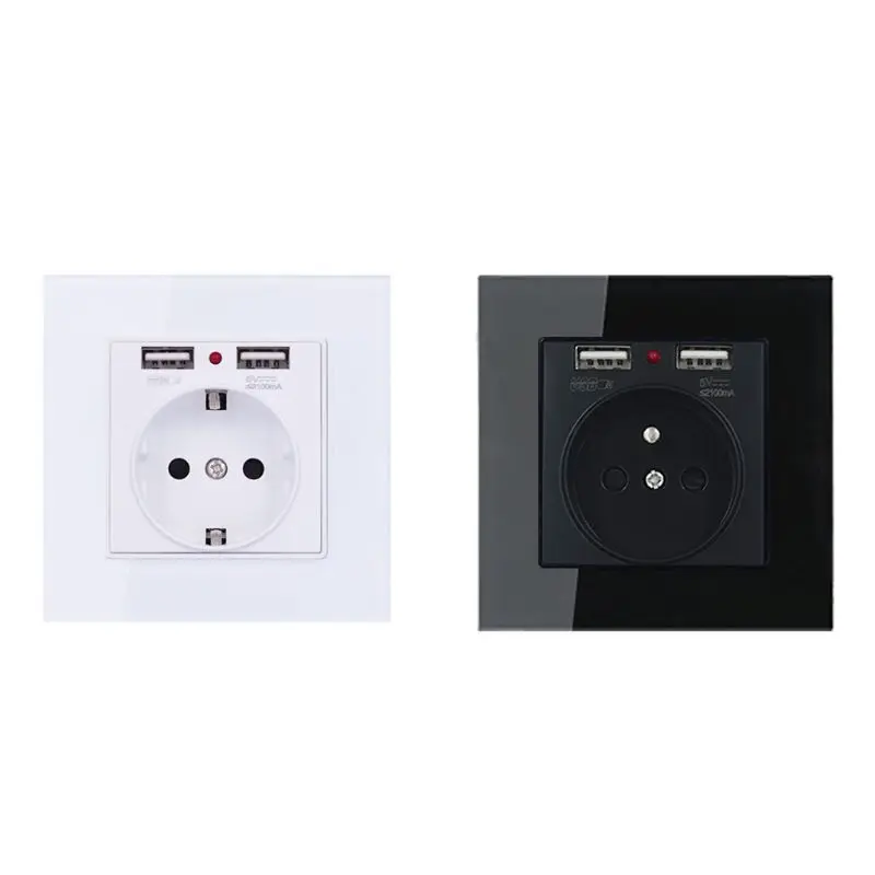 EU Standard Wall Electrical Power Socket with Dual Usb Ports Tempered Glass