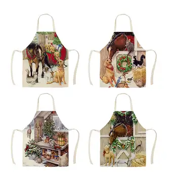 

1Pcs Kitchen Apron Christmas horse farm Printed Sleeveless Cotton Linen Aprons for Men Women Home Cleaning Tools 55*68cm