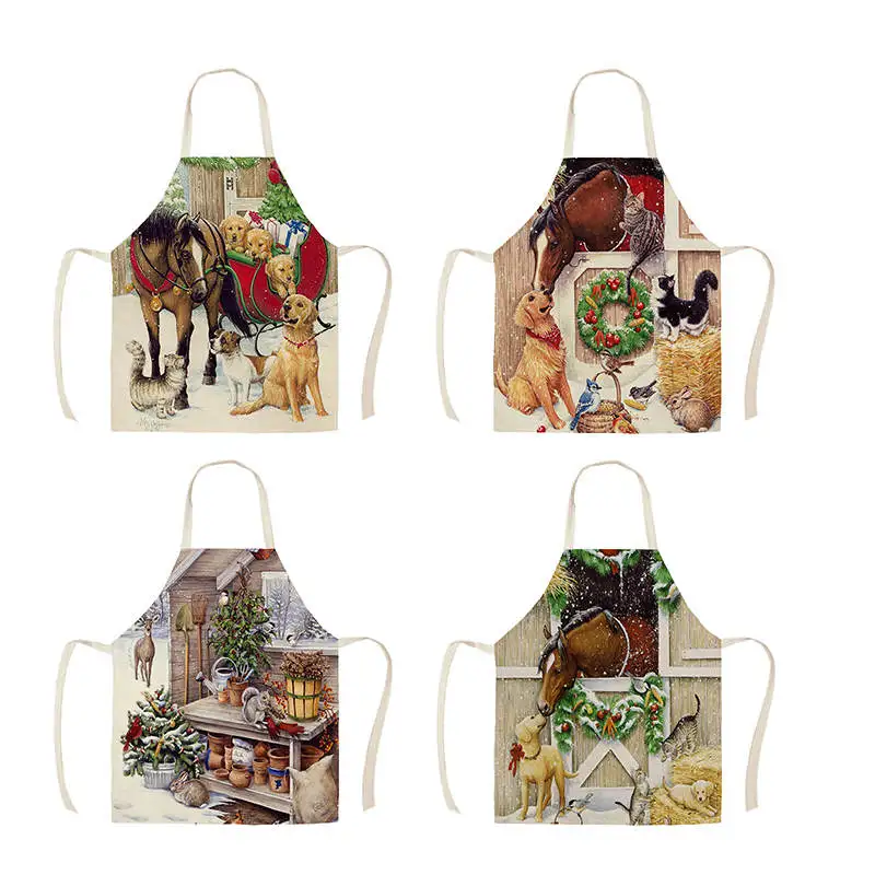 1Pcs Kitchen Apron Christmas horse farm Printed Sleeveless Cotton Linen Aprons for Men Women Home Cleaning Tools 55*68cm