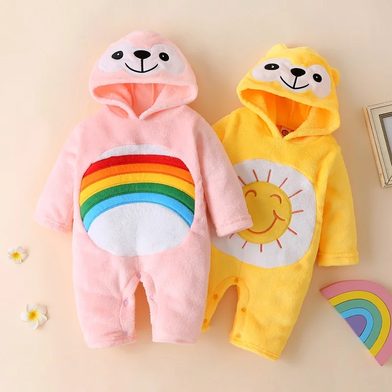 Ropa de algodón para bebé, Pelele con capucha de manga larga con arco iris y sol sonriente de oso 3D de dibujos animados, ropa de invierno de 0 a 18M