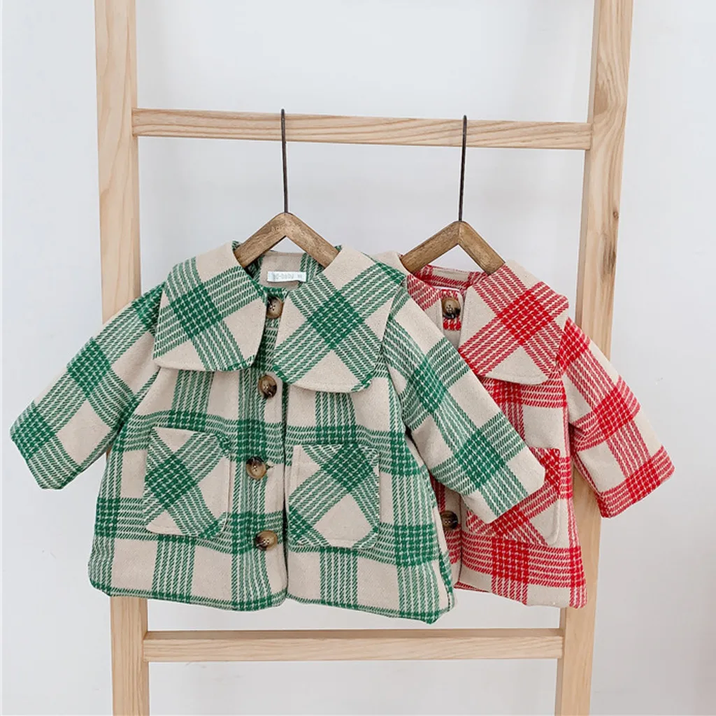 SAGACE Winter Baby Girl Coat Plaid Wool Jackets For Kids For Christmas Cute Winter Button Jacket Outwear Toddler Girl Coats