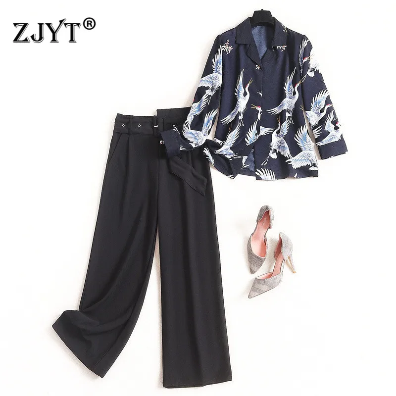 

Chinese Style Fashion Spring Lady Pants 2Piece Set Women 2020 Designers Birds Print Top and Hihg Waist Pants Suit Casual Twinset