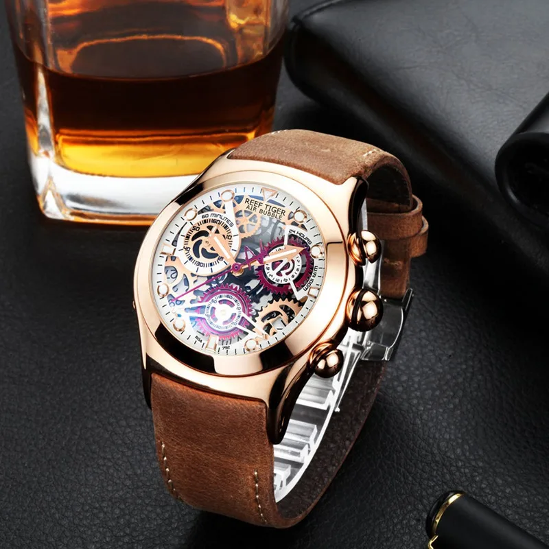

Reef Tiger Brand 50M Luxury Waterproof Chronograph Fashion Quartz Sport Business Leather Brown Strap Men's Watch Reloj Hombre