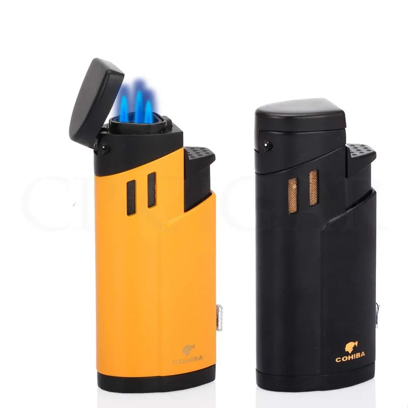 COHIBA металлическая ветрозащитная Зажигалка для сигар 3 струйный фонарь карманные Зажигалки газовая Портативная Бутановая Зажигалка для сигарет аксессуары для сигар