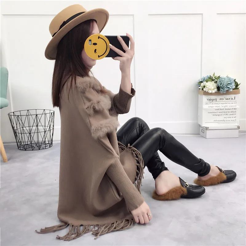 Real Rabbit Fur Patchwork Cloak Turtleneck Pullover Cape And Poncho Shawl Fashion Tassel Women Autumn Winter Bat Sleeves Sweater